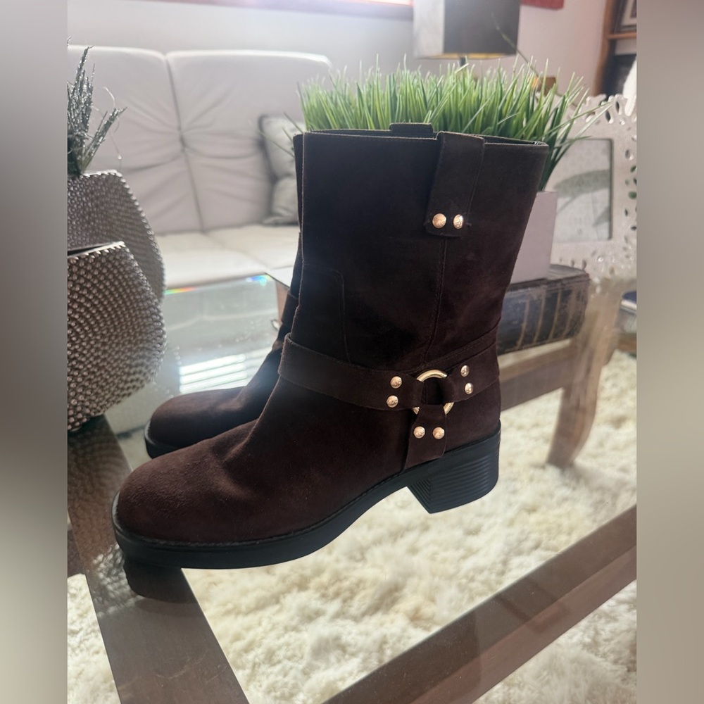 J Crew Womens Slip On Block Heel Moto Boots Brown Suede Size 10